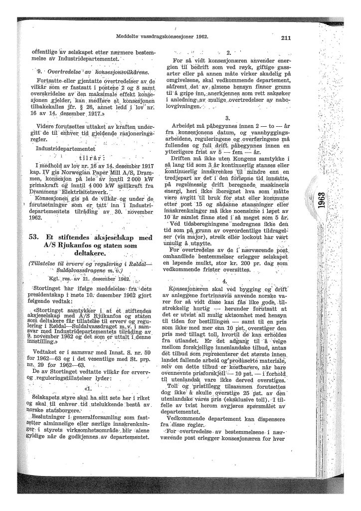 Vassdragskonsesjon for Røldal-Suldal Kraft 21. desember 1962 (Hoveddokument)