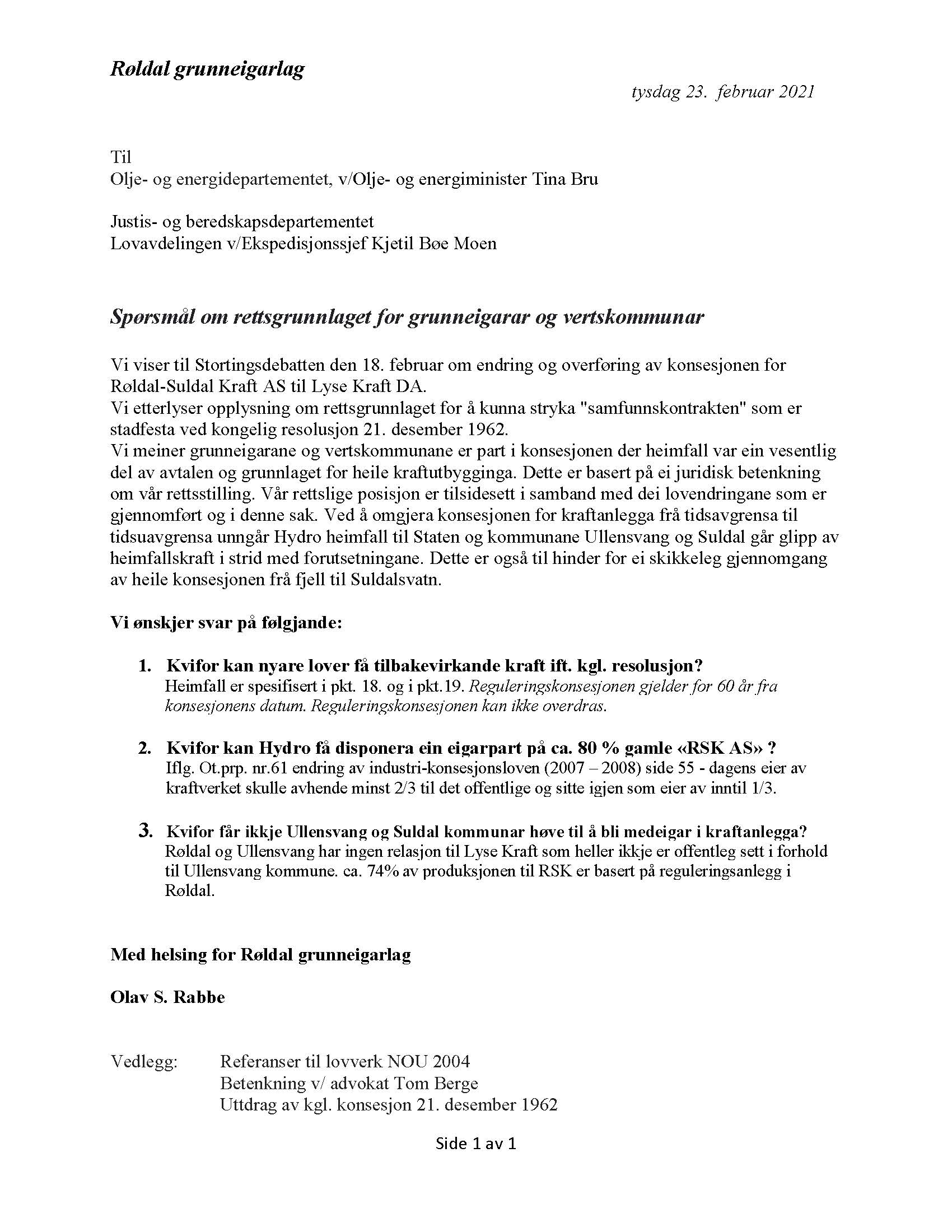 Spørsmål om rettsgrunnlaget for grunneigarar og vertskommunar