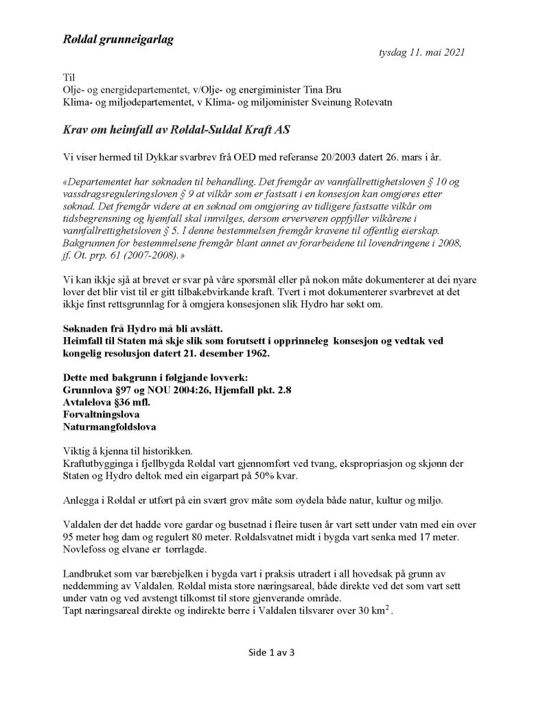 Krav om heimfall av Røldal-Suldal Kraft AS